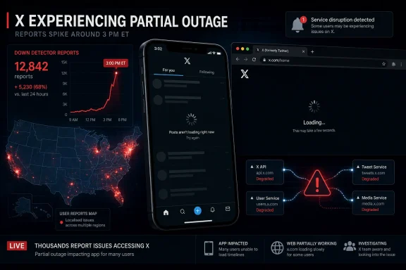 Graphic showing X (Twitter) partial outage with spike in reports, “loading” errors, and degraded services.