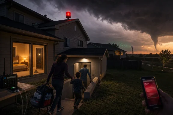 Family brings groceries from a lit house at dusk under stormy clouds and a red warning light.