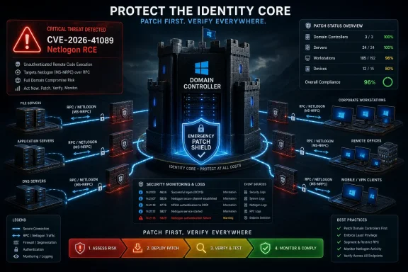 Cybersecurity poster warning of Netlogon RCE with a Domain Controller “Emergency Patch Shield” and patch compliance dashboard.