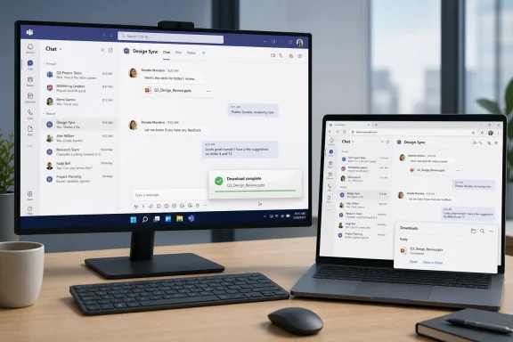 Two laptops on a desk show Microsoft Teams chat and design file sharing with a download-complete pop-up.