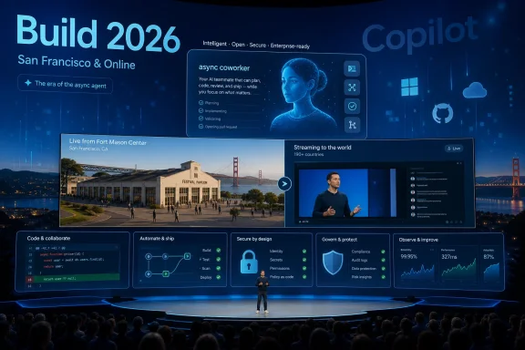 Futuristic “Build 2026” conference stage display featuring AI coworker, live streaming, and secure enterprise features.