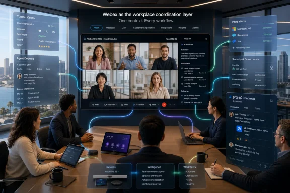 Team meeting in a modern office, with Webex-style AI dashboards and workflow panels displayed on screens.