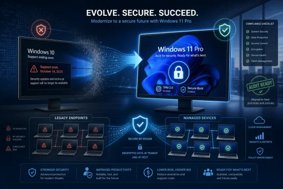 Windows 11 Pro cybersecurity upgrade graphic shows secure migration from Windows 10 with compliance and audit readiness.