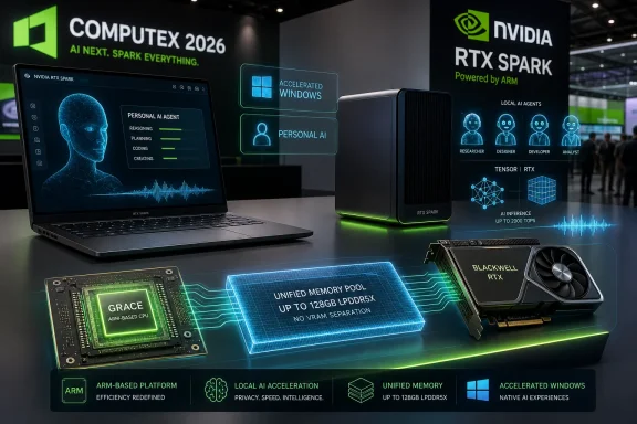 NVIDIA COMPTUTEX 2026 display shows RTX SPARK AI hardware with laptop, GPU, and ARM/Windows panels.