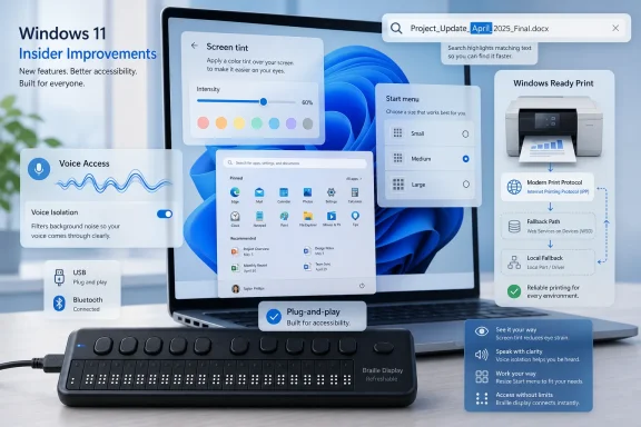 Promotional graphic for Windows 11 showing accessibility features on a laptop display with a refreshable Braille keyboard.
