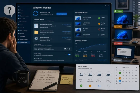 Person reviewing a Windows Update rollout dashboard showing enabled, pending, blocked, and future waves.