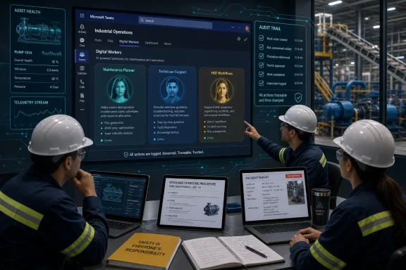 Engineers in safety helmets review an AI digital-ops dashboard with pump health, audit trail, and workflows.