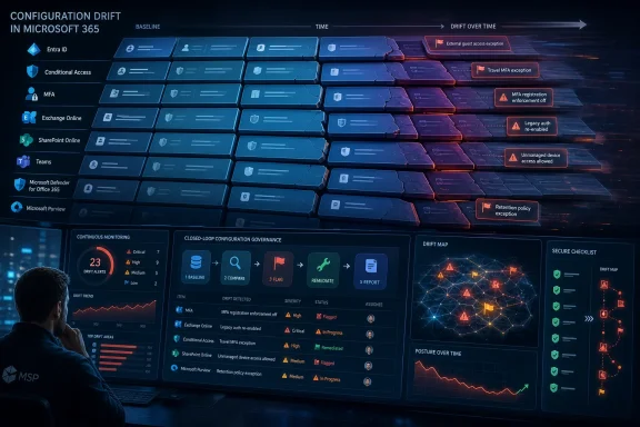 Cybersecurity dashboard shows Microsoft 365 configuration drift with alerts, exceptions, and remediation workflow.