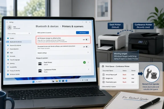 Laptop shows Windows printer settings switching default from Desk Printer to Conference Printer.