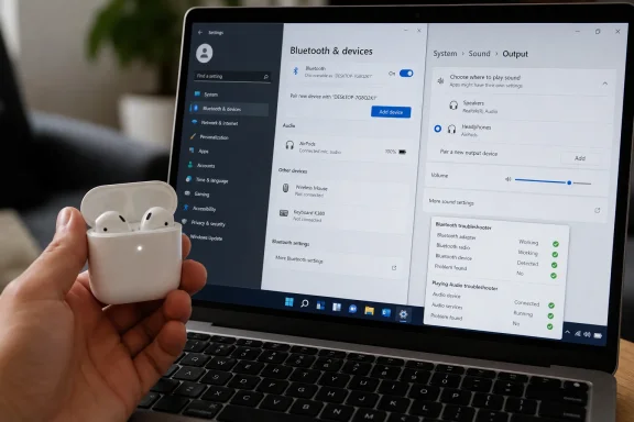 Hand holds white AirPods while Windows Bluetooth & audio output settings are open on a laptop.