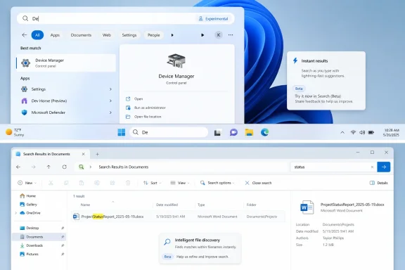 Screenshot of Windows search showing “Device Manager” and “ProjectStatusReport” results on a blue desktop.