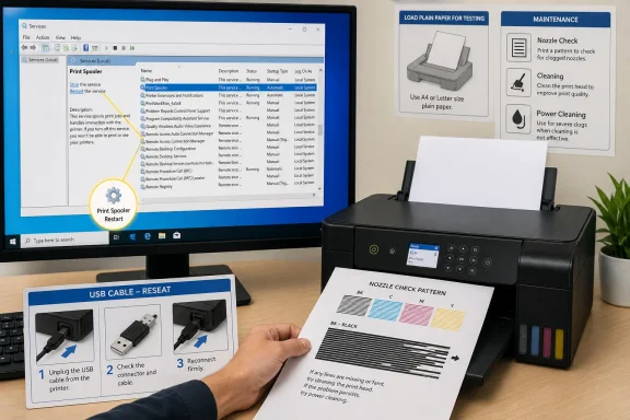 Person checks a printer’s nozzle test pattern while a monitor shows Windows Print Spooler settings.