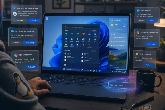 Person using a laptop with Windows 11 desktop showing Microsoft Copilot prompts and sign-in backup notifications.