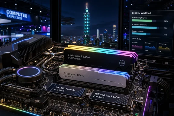 Futuristic server hardware with glowing RAM modules and a “Local AI Workload” dashboard, set against a city skyline.