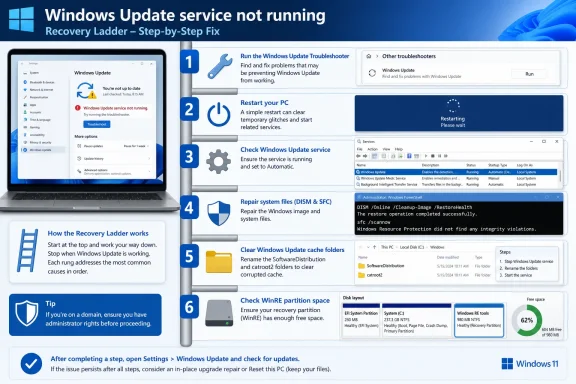 Windows 11 “Update service not running” recovery guide showing troubleshooting steps.
