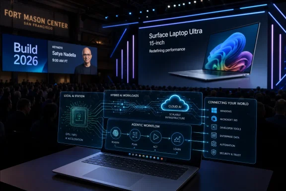 Stage presentation at a tech event featuring a “Surface Laptop Ultra” display and AI workflow graphics.
