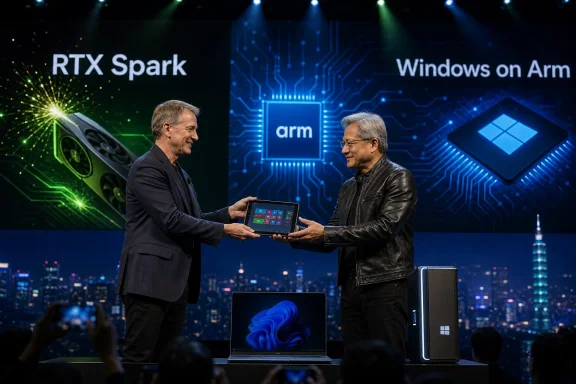 Two men on a tech stage present an RTX Spark tablet with “Windows on Arm” and circuit-themed visuals behind them.