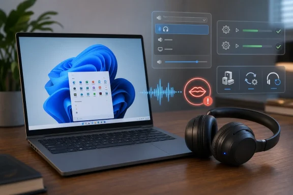 Laptop with Windows-style UI and audio waveform headset on desk, with security icons overlay.