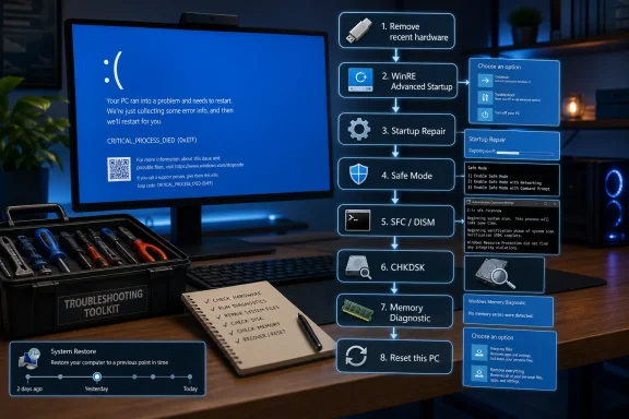 Windows “CRITICAL_PROCESS_DIED” blue error screen shows troubleshooting steps on a desktop monitor.