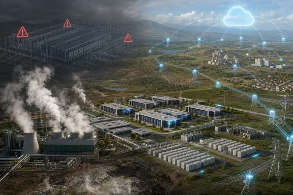 Industrial power plant with smoke stacks and illuminated transmission lines over a mountainous valley.