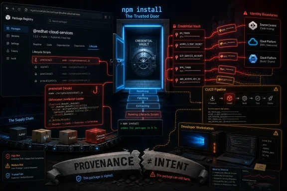 Cybersecurity-themed dashboard showing npm install, credential vault, CI/CD pipeline, and provenance/integrity warnings.