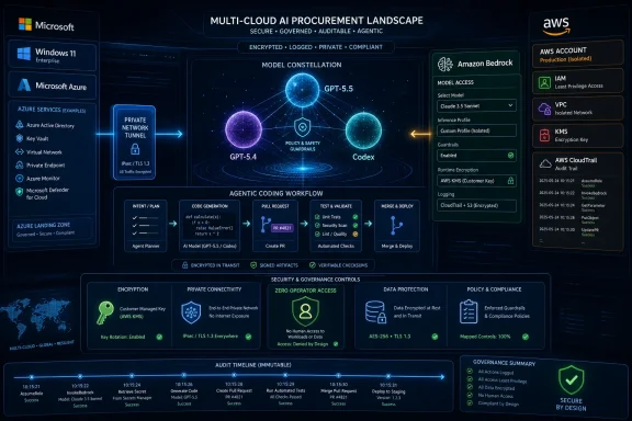 Multi-cloud AI procurement security landscape showing Microsoft Azure, AWS, encryption, governance, and agentic coding workflow.