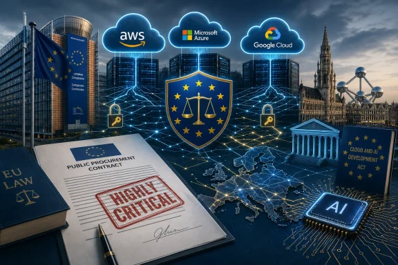 EU public procurement document marked “High Criticality” over a cloud/AI network with AWS, Azure, and Google Cloud.