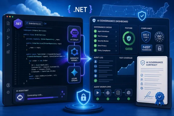 Futuristic .NET AI dashboard showing governance checks, security compliance, and an AI governance contract.