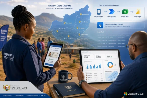 Two officials use tablets showing Eastern Cape check-in dashboards, with a map overlay and secure audit trail.