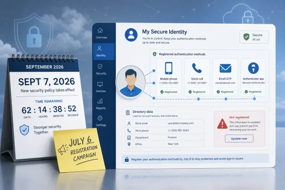 Digital security dashboard showing registered authentication methods alongside July 6 registration campaign.