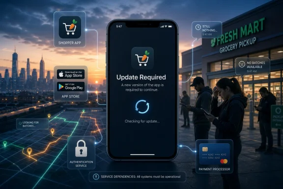 Smartphone shows “Update Required” for a shopper app at a grocery pickup storefront.
