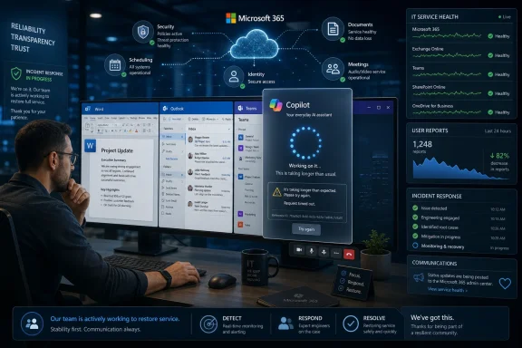 IT support dashboard shows Microsoft 365 health, Copilot assistant, and incident response monitoring in a dark office scene.