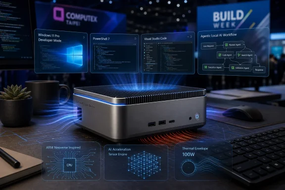 Metal mini server on a desk with AI-themed UI panels showing Windows, code tools, and agent workflow.
