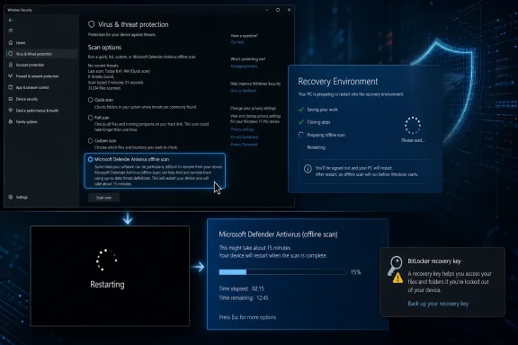 Windows Security shows a Microsoft Defender Antivirus offline scan and restarting in the recovery environment.
