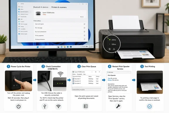 Windows printer settings on a laptop alongside a Canon printer with steps for troubleshooting offline printing.