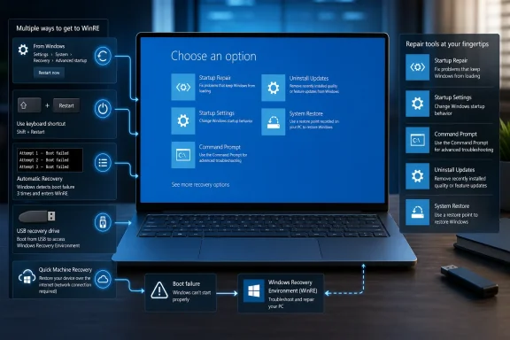Laptop screen shows Windows Recovery Environment options to troubleshoot a boot failure.