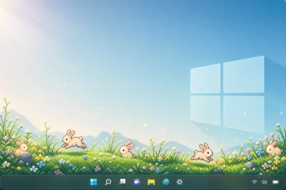 Cute rabbits hopping through a blooming meadow under a bright blue sky with floating app icons.