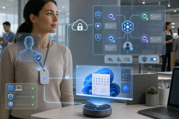 Woman in office wearing biometric ID, with augmented security icons over her and her computer screen.