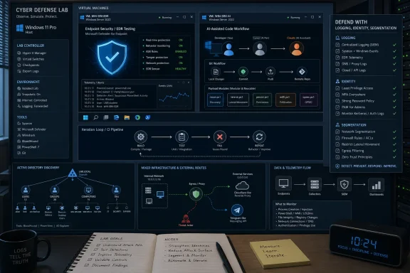 Cyber defense lab dashboard showing Windows 11 VM monitoring, AI workflow, logging, identity, and network segmentation.