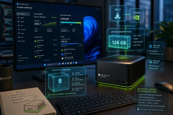 Microsoft AI Agent Dashboard on a monitor shows WSL2/CUDA setup and a 128GB unified memory pool powering a Surface RTX Spark dev box.