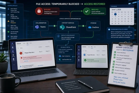 Dashboard shows temporarily blocked file access restored, with apps flow, calendar, user comms, and admin checklist.
