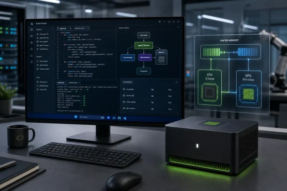 Office workstation with code editor and diagram showing CPU/GPU unified memory pipeline for AI agent processing.