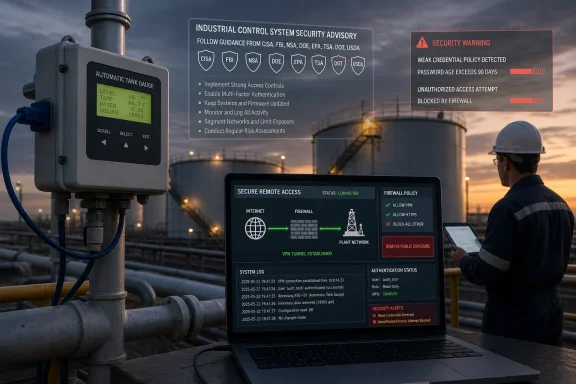 Industrial security monitoring shows tank gauge data with cyber warning alerts and a secure remote-access dashboard.