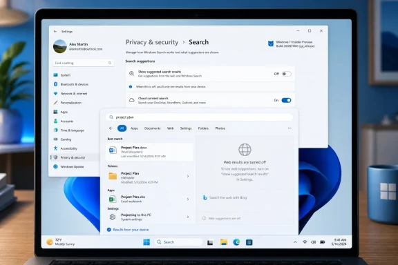 Windows settings page shows Privacy & Security > Search options on a laptop screen.