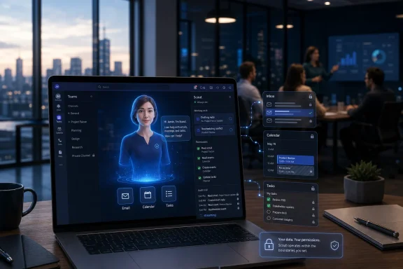 Office laptop display shows an AI assistant “Scout” managing emails, calendar, and tasks amid a city skyline.