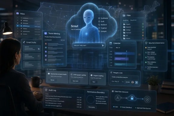 A man reviews an AI “Scout” assistant dashboard with cloud security and office task panels.