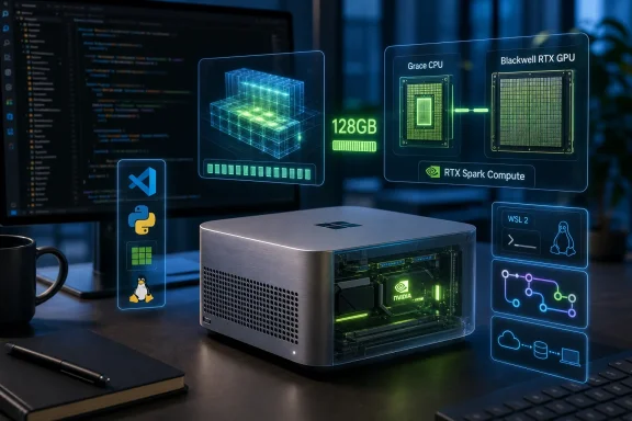 Futuristic AI workstation on a desk with holographic CPU/GPU specs and RTX Spark Compute branding.