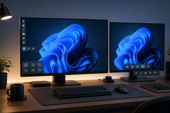 Dual computer monitors on a desk display the Windows 11 blue swirled desktop in a dim workspace.