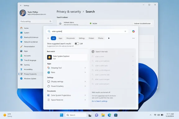 Windows “Privacy & security” settings page showing search index status and search suggestions for “solar system.”