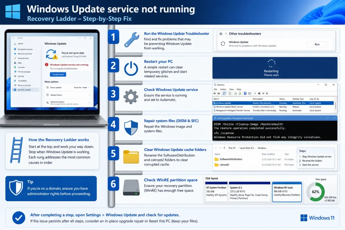 Fix “Windows Update service not running”: Troubleshooter to WinRE